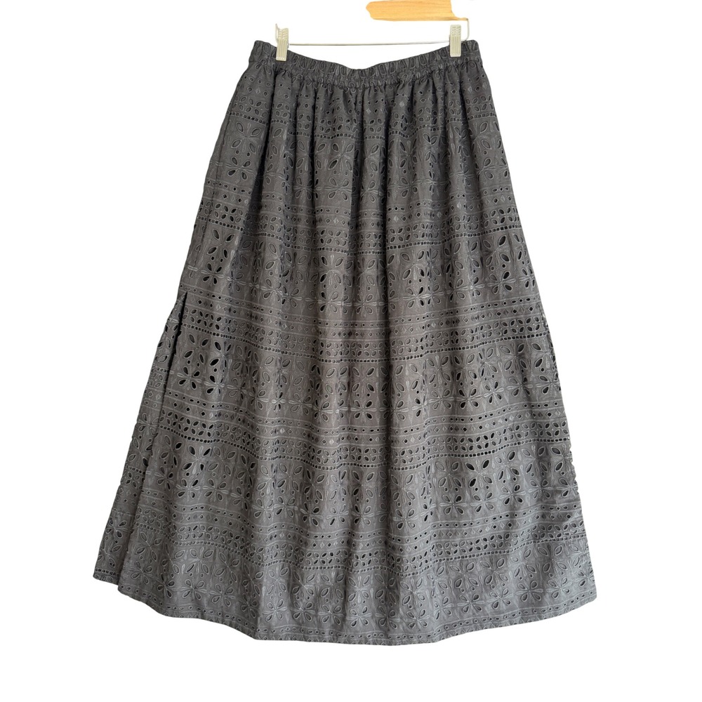 J Crew Eyelet Maxi Skirt Womens M Black Cotton Blend Elastic Waist Cottagecore